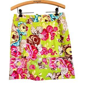 Etcetera Women's Neon Green Floral Clear Sequin Detail Cotton Skirt Sz 4 Lined